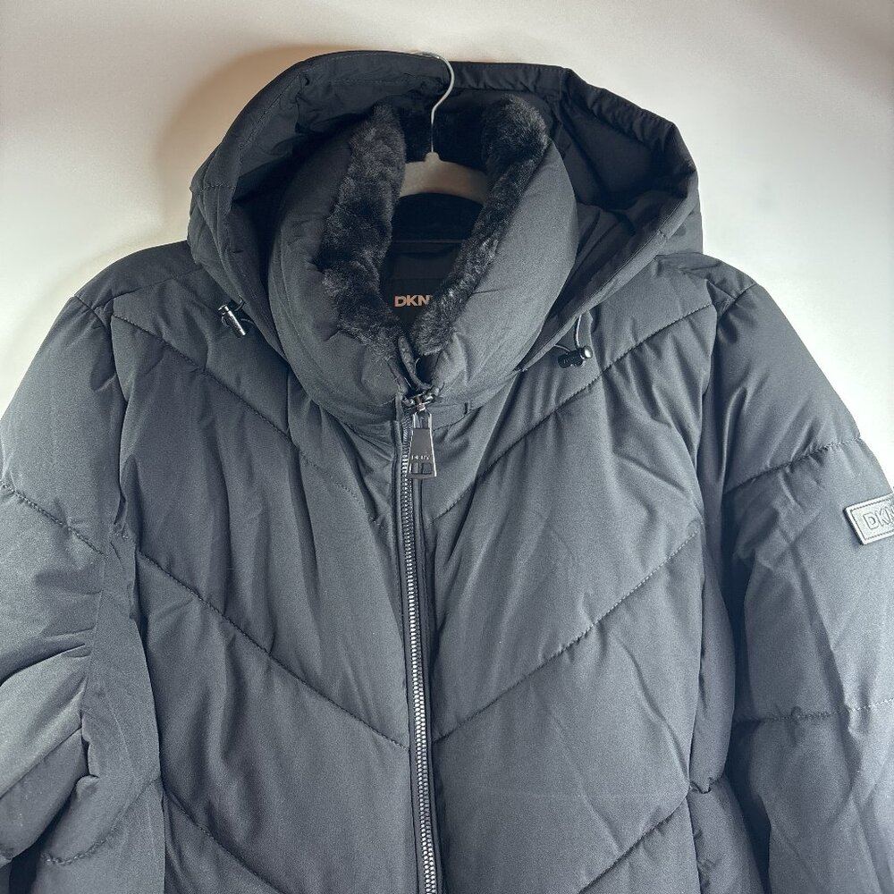 DKNY Women's Long Puffer Jacket Faux Fur Collar Removable Hood Size L Black NWT - Picture 9 of 15